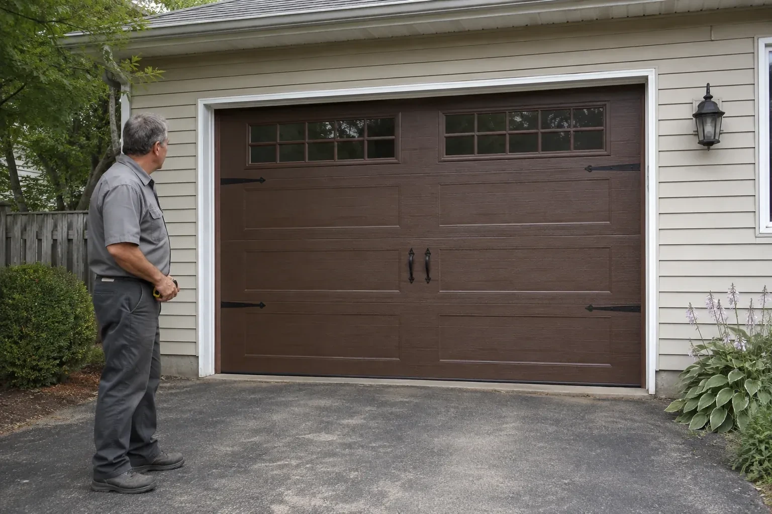 A person stands beside a closed brown garage door with upper windows and black decorative straps and handles. — Carriage-House Garage Door Installation, Toronto