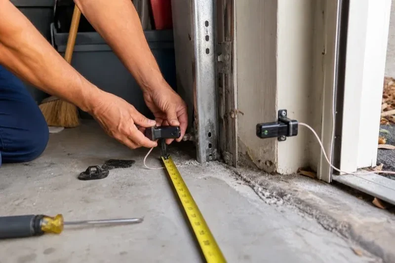 Hands holding a small wired device beside another mounted device and a tape measure at a garage-door opening — Photo-Eye Sensor Alignment or Replacement, Toronto
