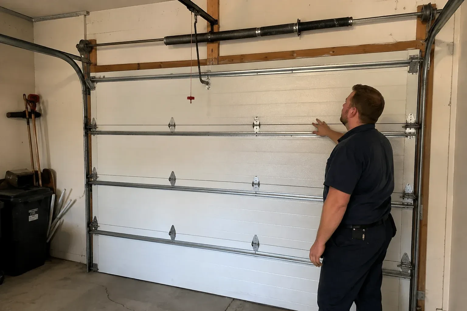 A person stands beside a closed sectional door beneath its overhead spring assembly. — Garage Door Balance Adjustment, Toronto