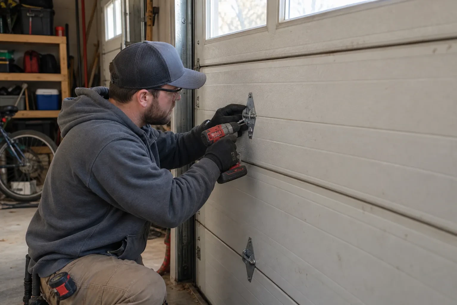 Technician kneeling in a blue cap, fastening a metal hinge plate to a gray ribbed door panel with a red drill.